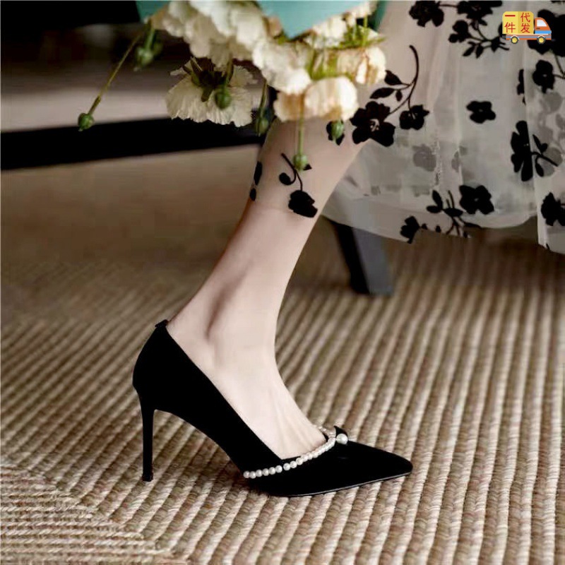 赫本黑色高跟鞋女细跟职业尖头法式珍珠尖头浅口时尚单鞋2022跨境