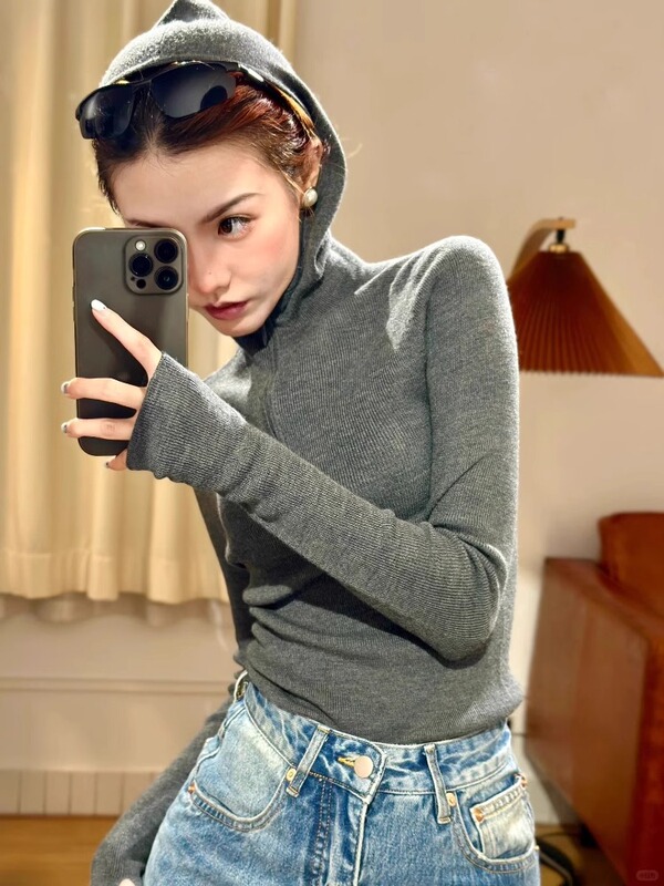 韩系温柔半拉链连帽针织衫女秋冬内搭慵懒修身打底毛衣设计感上衣|undefined
