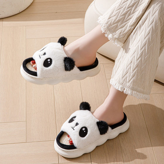 Panda Linen Slippers for Women Spring & Fall New Home Indoor Non-Slip Breathable Sweat-Absorbent Cotton and Linen Slippers for Men