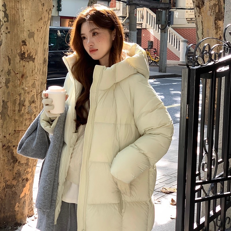 云朵泡芙羽绒棉服女中长款2025新款加厚连帽小个子棉袄面包服外套|undefined
