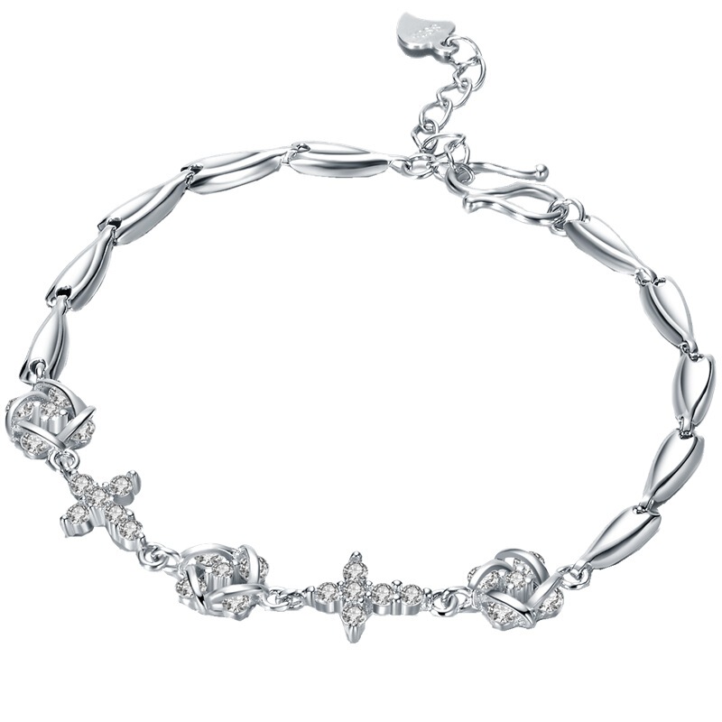 Genuine goods sterling silver bracelet S925 silver plated platinum white diamond cross bracelet main inside silver jewelry wholesale high-end supply