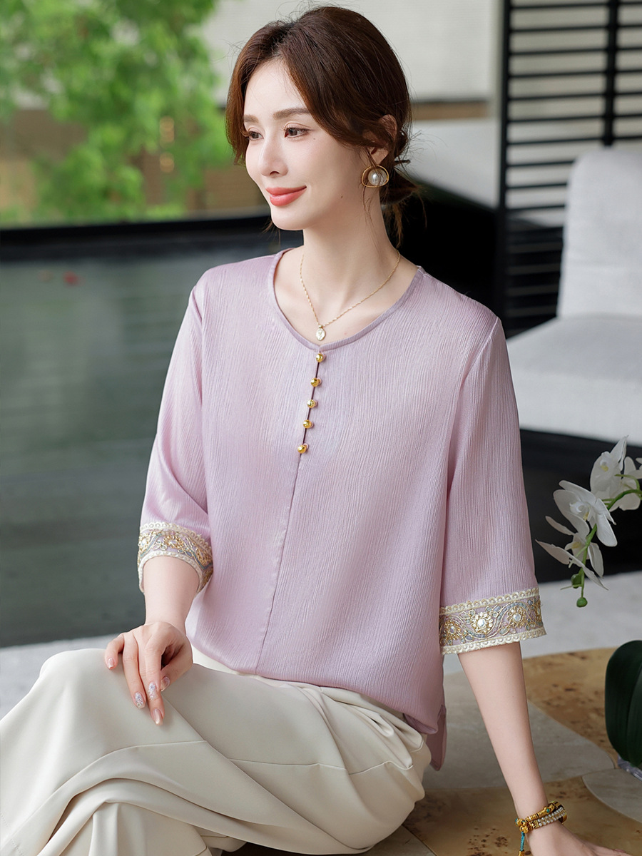 Mother's Day Middle-aged and Elderly Women's Elegant Shirt Two-piece Set 2025 Summer New National Style Shirt Mother suit