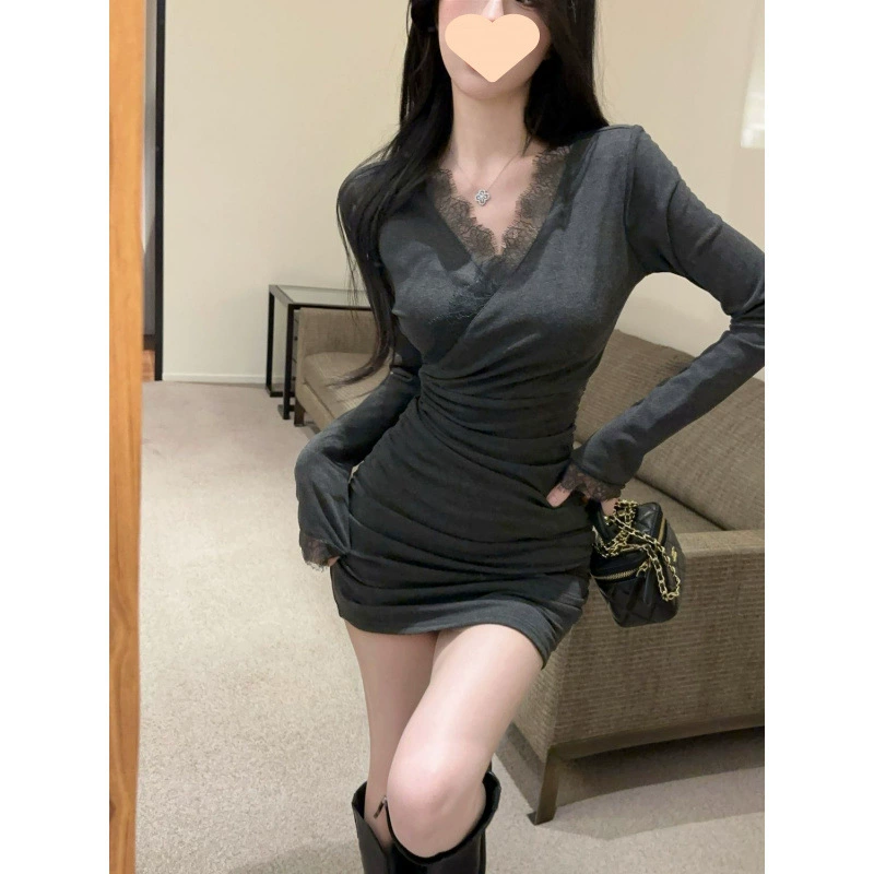 Женское кружевное платье с воротником на осень и зиму, чистая страсть, сексуальная юбка, закрывающая ягодицы для мам, юбка, подчеркивающая фигуру.