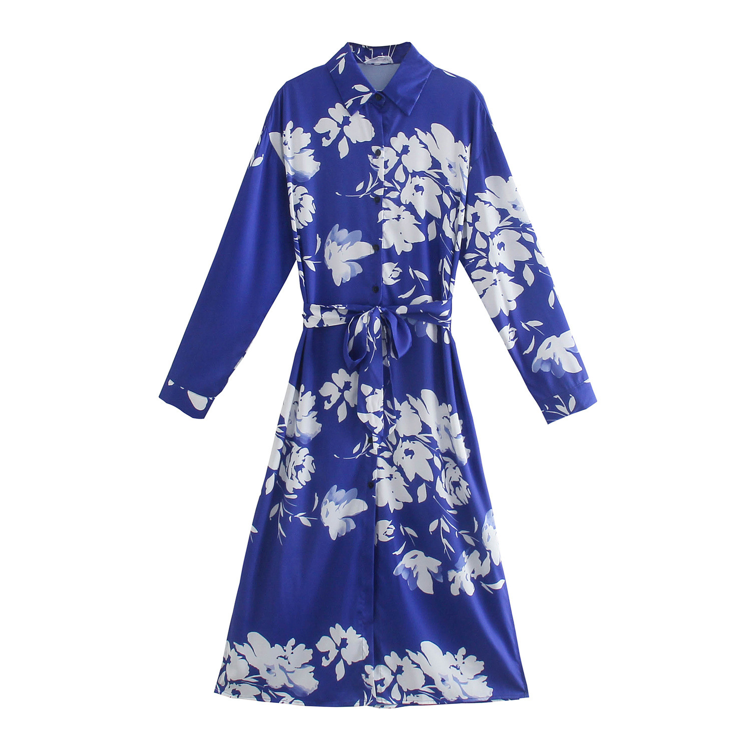 satin high waist flower printed shirt long dress Nihaostyles wholesale clothing vendor NSAM74147