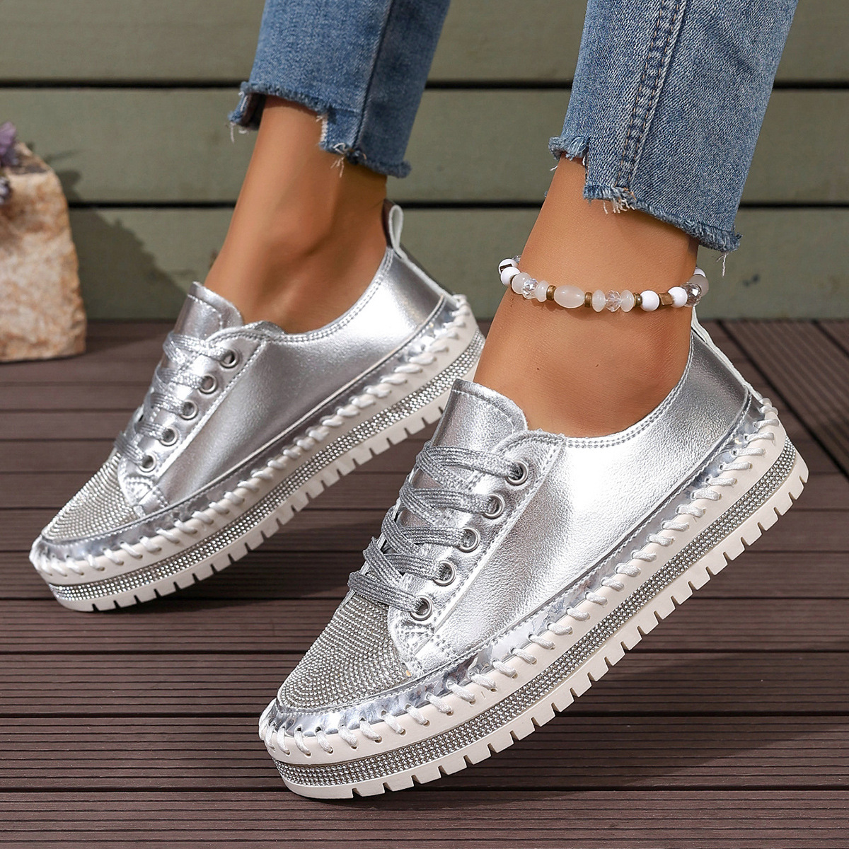 Modieuze dames plateau loafers met strass witte schoenen_voghion.com