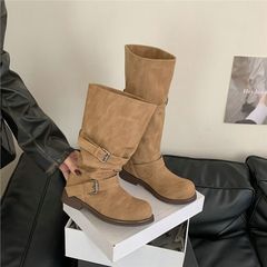 小个子粗跟高筒骑士靴多穿绒面显瘦堆堆靴套筒皮带扣西部靴长筒靴
