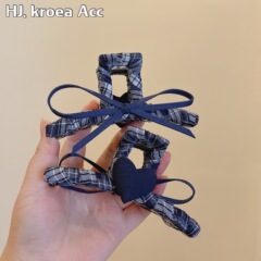复古蓝调~布艺蓝格子一字鲨鱼夹韩系少女爱心抓夹后脑勺盘发夹