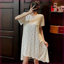 日系小熊夏季女士家居服睡衣圆领宽松波浪花边短袖睡裙睡衣