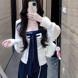 人+曼巴 三件套女2026薄款长袖罩衫条纹抹胸高腰显瘦休闲裤潮