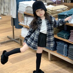 童裝韓版兒童襯衫2024春裝經典藏藍格子長袖襯衫搭配百褶裙白背心