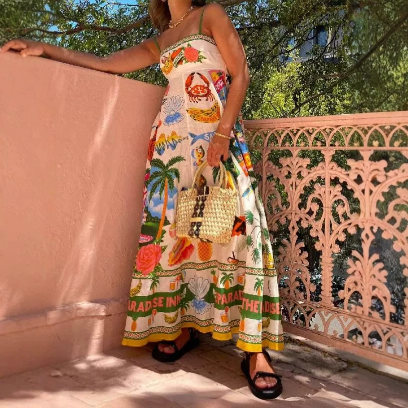 Трансграничная независимая станция, европейская и американская одежда, летнее сексуальное платье на подтяжках с граффити и принтом без рукавов с высокой талией и большим подолом