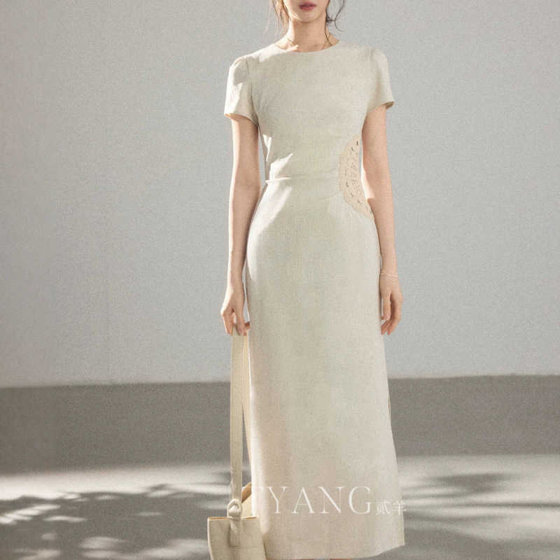 Eryang Design【Qingshan Ying】High-End Handmade Crochet Floral Dress for Women, Summer Short-Sleeve Elegant Long Dress for Work