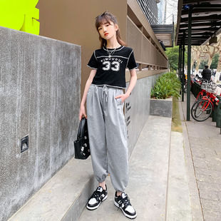 Girls Suit Summer Thin Short-Sleeved Fashionable Summer Clothes 8-12 Kidsren's Sports Clothes Hip-Hop Street Dance Leggings Pants