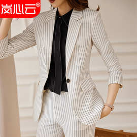 秋季粘纤通勤宽松气质裤套装条纹小西装绿色长袖气质通勤女装