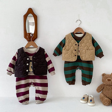 婴儿套装男宝宝冬装卡通夹棉加绒保暖马甲连体衣满月可爱外出爬服