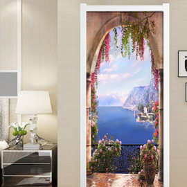 巨创跨境货源PVC贴纸3D自粘门贴  客厅现代装饰 抽象窗台花园大海