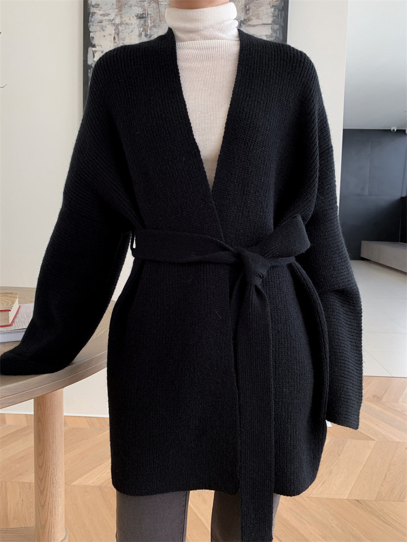 [Oportunidad real de fábrica] temporada temprana nueva solapa suéter suelto simple bata estilo cinturón suéter abrigo
