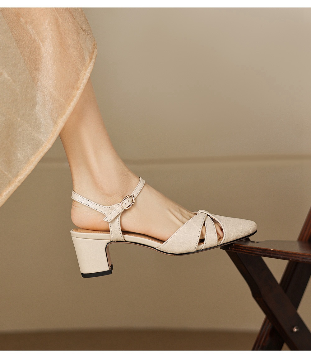Sandal nữ quai ngang mũi kín gót vuông ổn định — màu be chi tiết 14