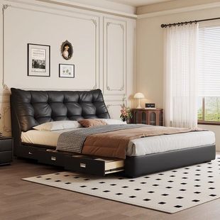 Italian-Style Light Luxury Big Black Bear 1.8m Genuine Leather Bed Luxury Master Bedroom Large Bed Black Upholstered Internet Celebrity Solid Wood Bed Wedding Bed