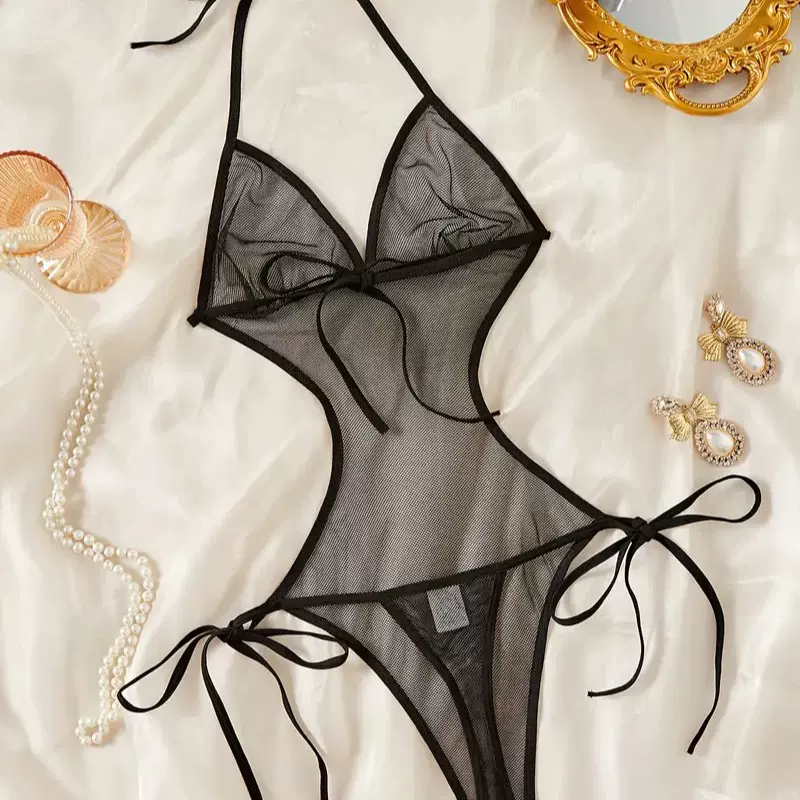 新款欧美蕾丝情趣内衣T裤拼接透视诱惑性感文胸套装法式文胸豹纹