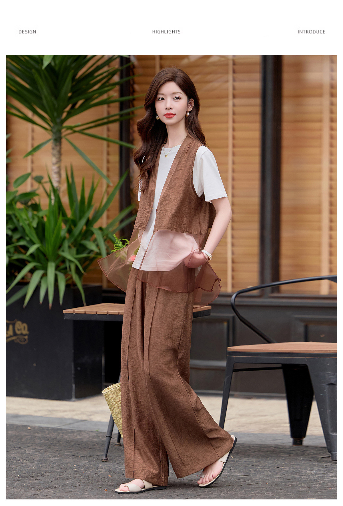 Bộ quần áo nữ V-neck vest kết hợp quần ống rộng hai mảnh mùa hè 2026 — màu đen, màu cà phê chi tiết 8