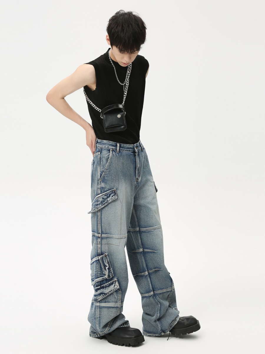 MTLCLOTHES para hombre | 2024 verano nuevo producto American Heavy Industries deconstruido multibolsillos pantalones vaqueros de trabajo de pierna ancha