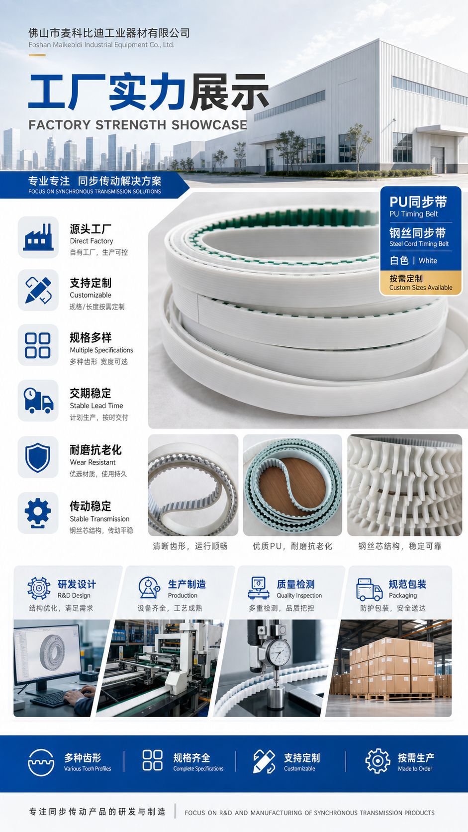 Manufacturer Wholesale Pu Transmission Polyurethane Steel Wire Timing Belt T10+Pu Seamless Toothed Industrial Belt Processing