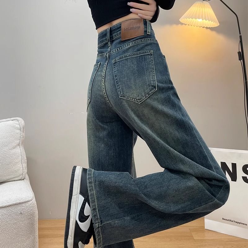 Cement Grey Wide Leg Jeans Women's Spring New Soft Pants High Elastic High Waist Slimming Narrow Straight Pants