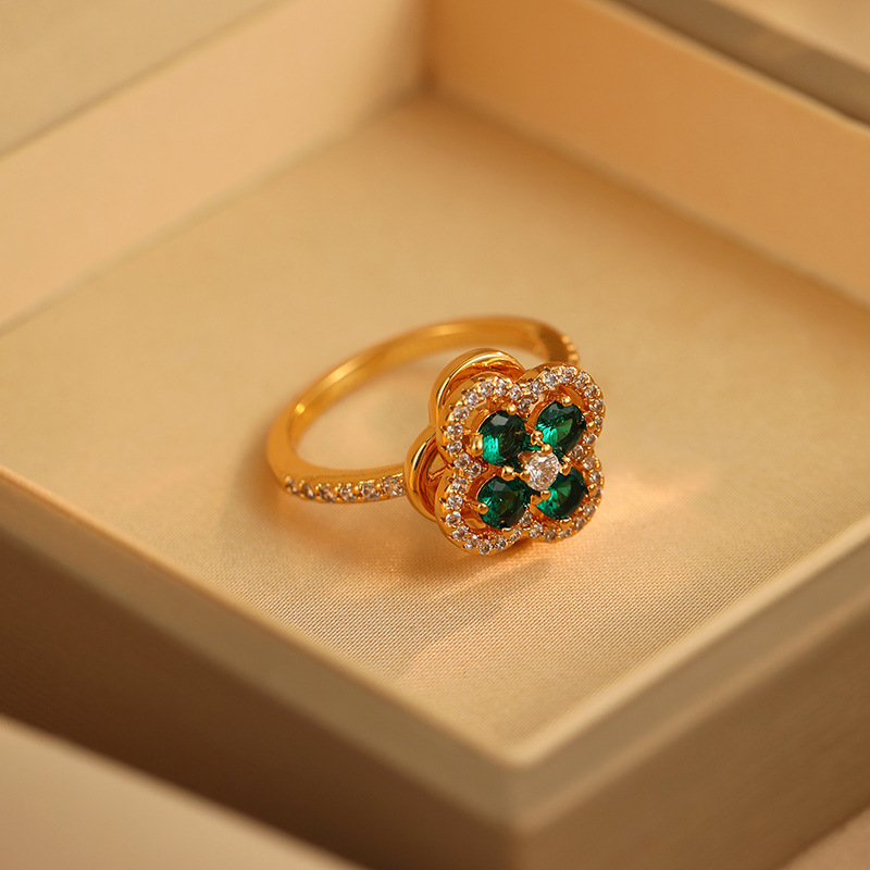 Rotating Four Leaf Clover Ring Green Zircon Fine Jewelry Gold_voghion.com