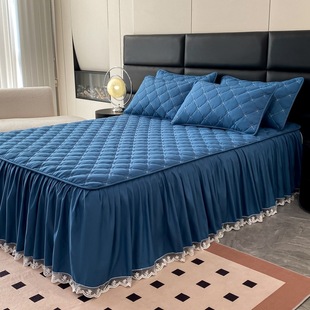 New live broadcast class A raw cotton clip soybean cotton thickened embroidered bed skirt household solid color washed cotton bed skirt three-piece set