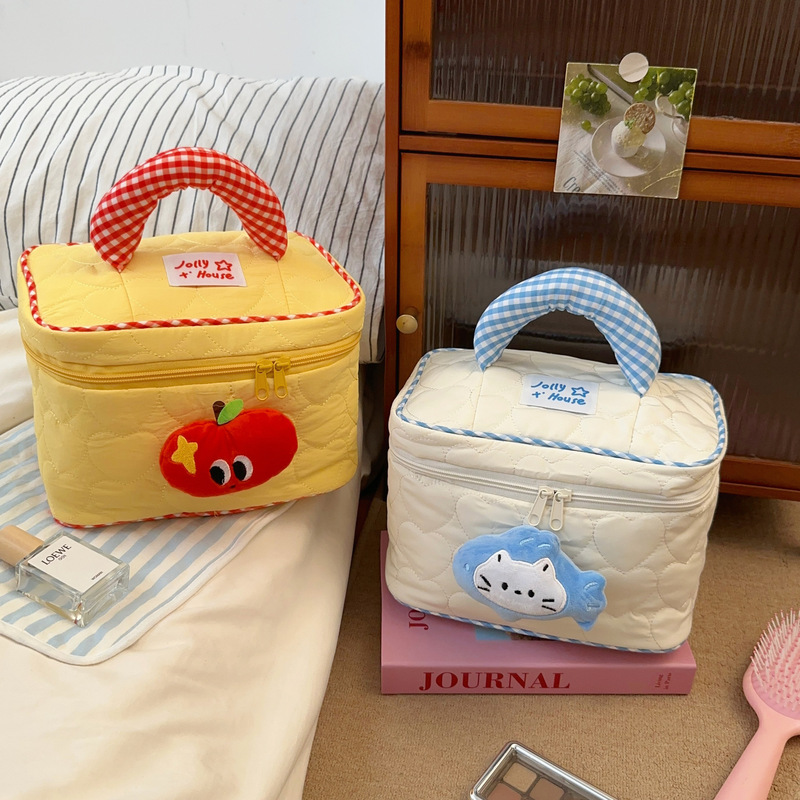 Original Apple Plaid Cosmetic Bag Large Capacity Portable Travel Toiletries Bag Female Cute Cat Cosmetic Storage Bag