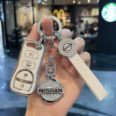 Key Set Old Wear-resistant | Car key bag - nissan-h-intelligent-4-key-white-single-shell-diamond-embellished-car-mark-leather-rope