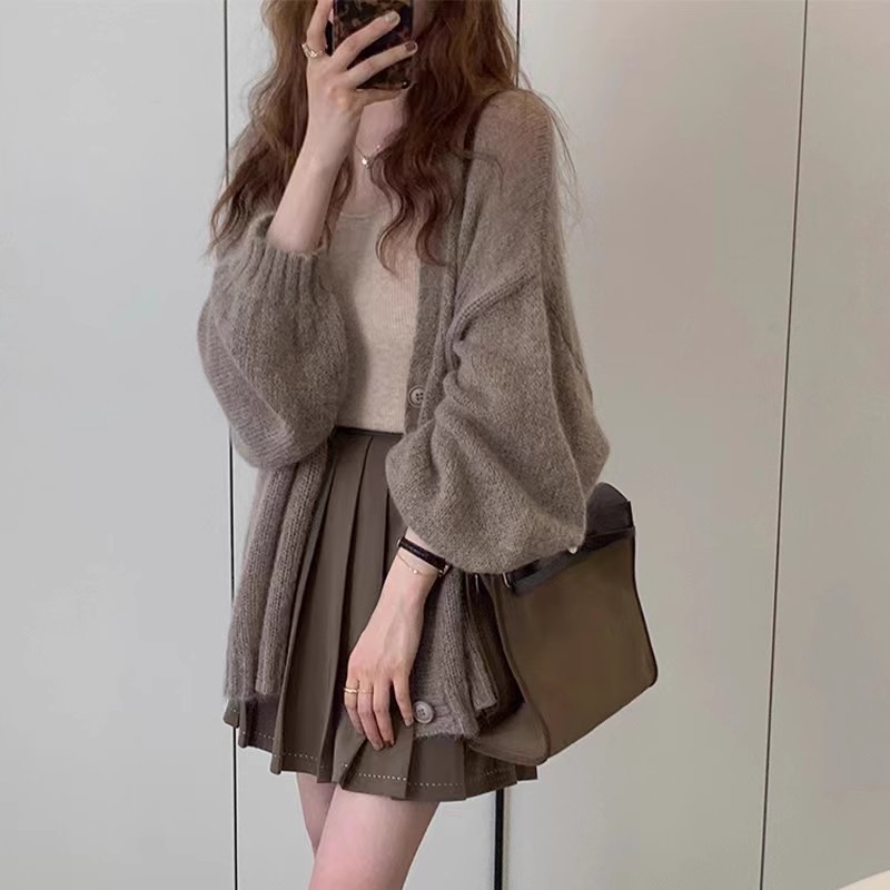 复古灯笼袖马海毛针织开衫薄款外套女2025新款慵懒风毛衣宽松上衣|undefined
