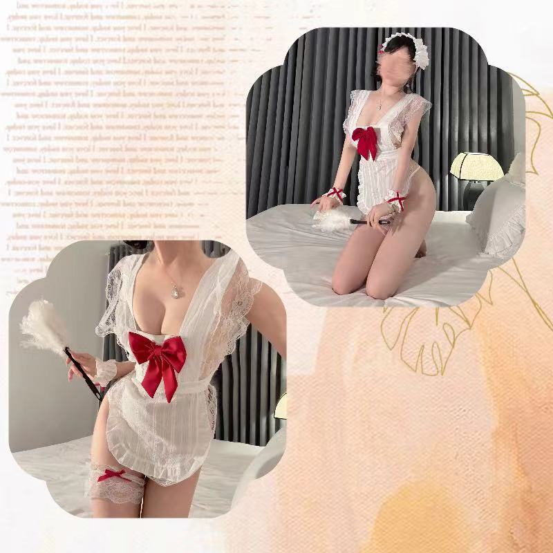 Maid Roleplay Lingerie Set with Lace Apron and White Open-toe Stockings, One Size — detail image 9