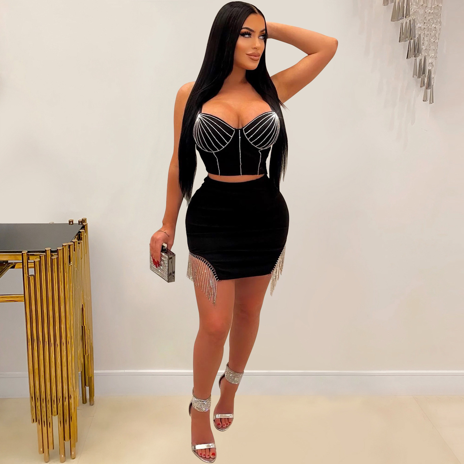 C6233 transfronteriza AliExpress Amazon ropa de mujer de moda europea y americana rhinestone borla sin mangas falda Liga conjunto de dos piezas