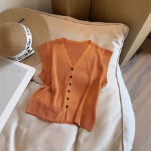 夏季简约纯色单排扣气质V领针织短袖T恤2025时尚开衫气质外搭上衣