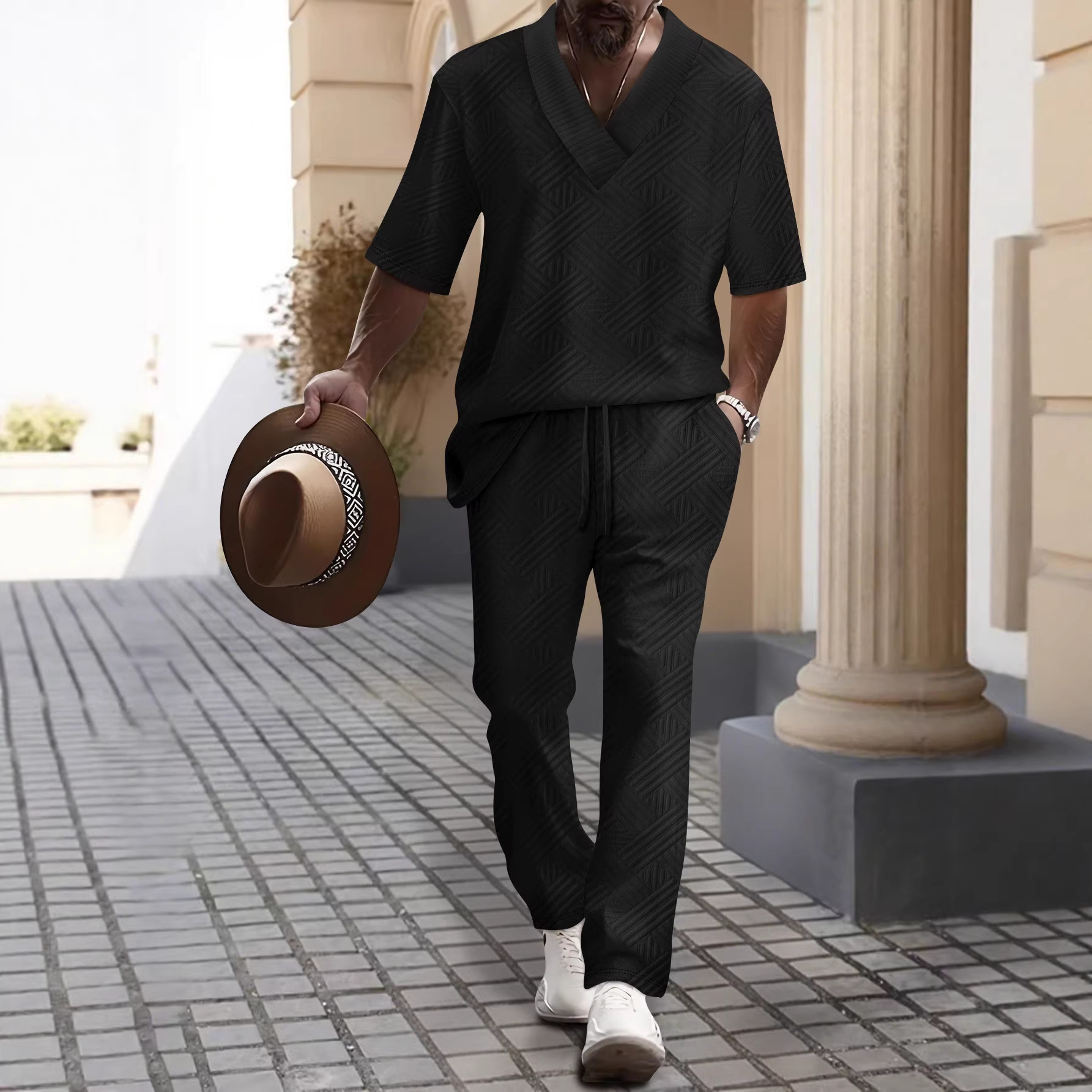 Men's Clothing Casual Short Sleeve V Neck Solid Color Jacquard Set American Style Summer Wear_viptrois.com