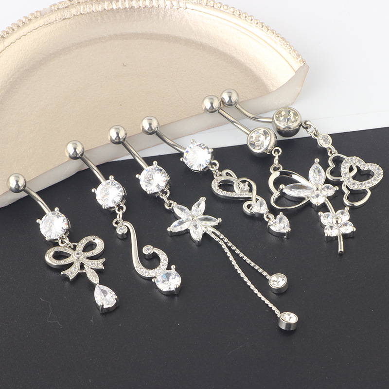 2021 Summer Cartoon Crown Belly Button Ring Set 6-Piece Silver Stainless Steel Navel Piercing Jewelry detail image 7