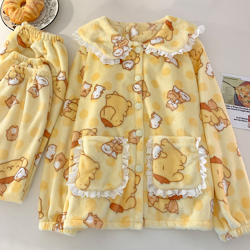 부드러운 귀여운 인형 칼라 산호 양털 파자마 여성의 겨울 2024 새로운 기모 두꺼운 소녀의 집 옷 세트