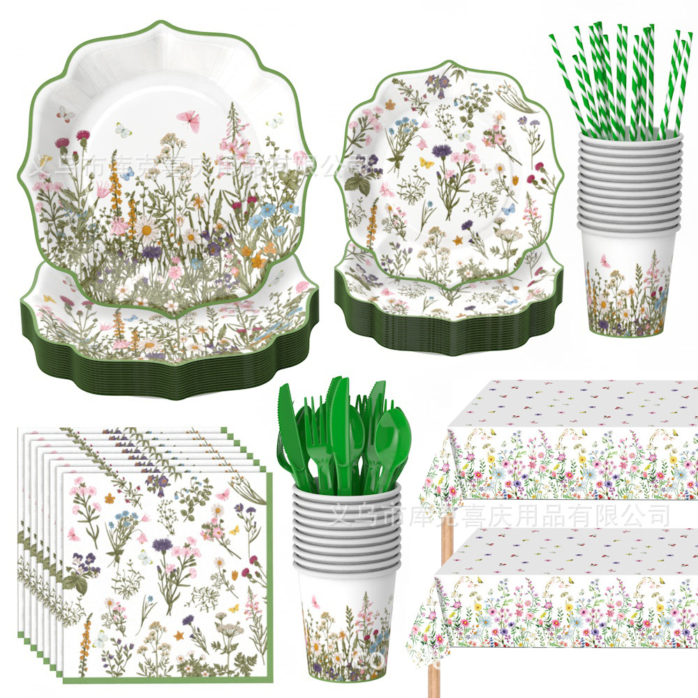 Nueva decoración de fiesta de flores silvestres retro encaje verde de primavera bandeja de papel desechable tazas de papel toallas de papel set de cubiertos