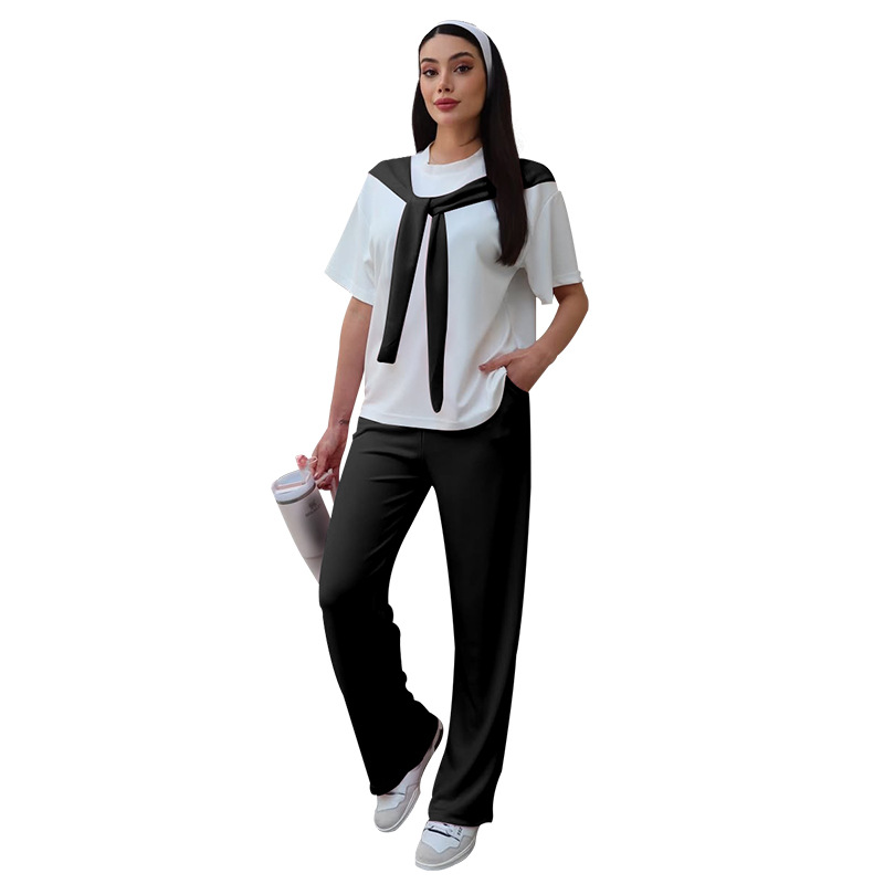 Women's Clothing Women's Faux Wrap Short Sleeve Top And Straight Leg Pants Set Patchwork White Round Neck Summer Fashion Casual Outfit_ecoleips.com