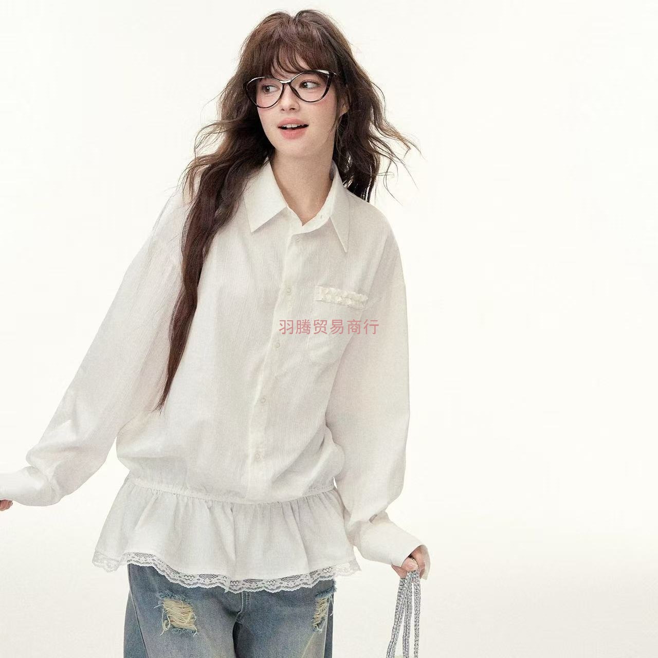 白色纯棉蕾丝花边拼接A字荷叶边上衣女早秋polo领韩系长袖衬衫潮