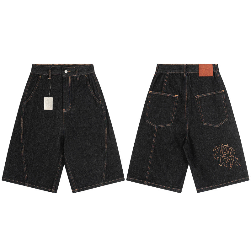Mertra Denim Shorts Letter Printed Loose Black