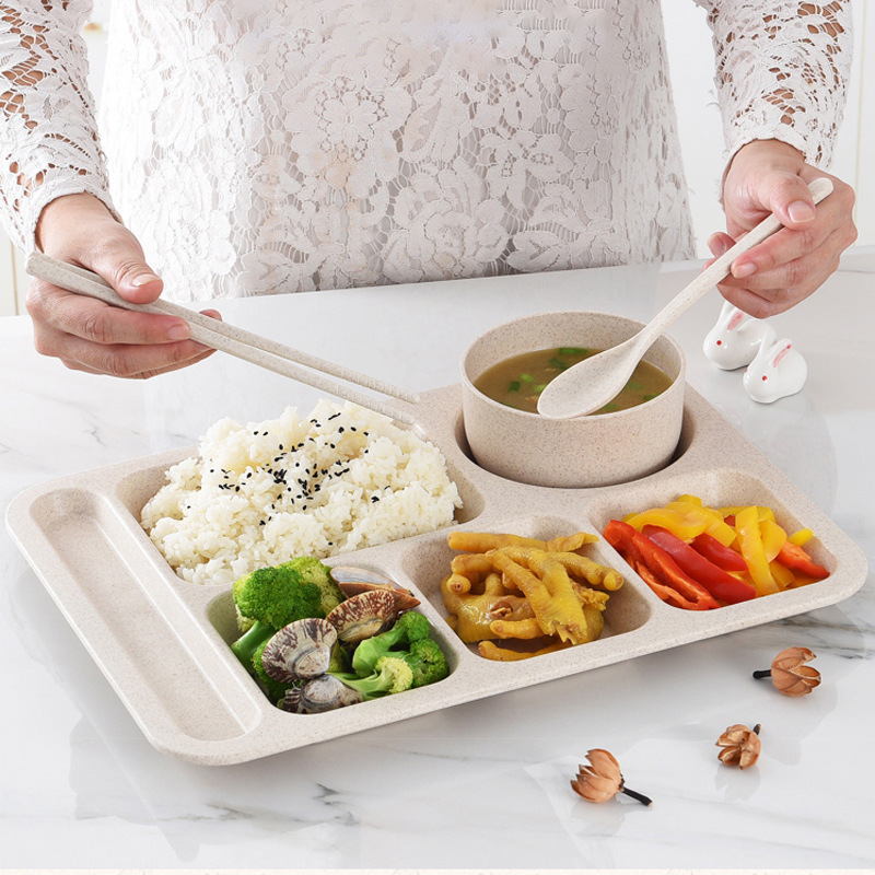 Wheat Straw Fast Food Plate Adult Student Canteen Restaurant Split Plate with Bowl Spoon Chopsticks Promotional Gift logo Wheat Straw Fast Food Plate Adult Student Canteen Restaurant Split Plate with Bowl Spoon Chopsticks Promotional Gift logo