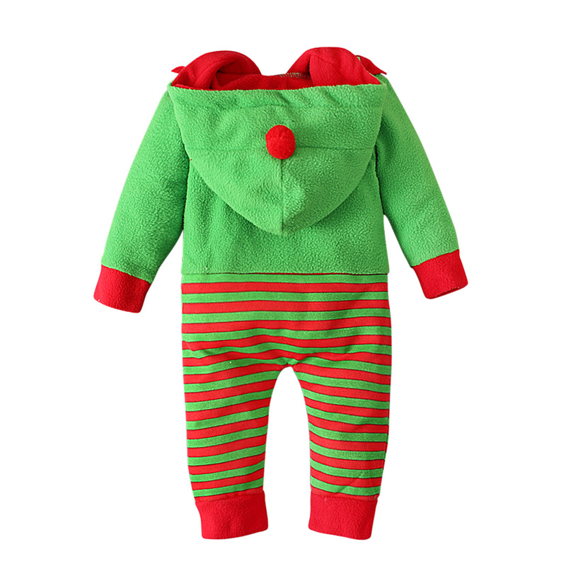 Children's European and American spring and autumn long-sleeved hooded Christmas striped jumpsuit romper clothing children's clothing ins_voghion.com