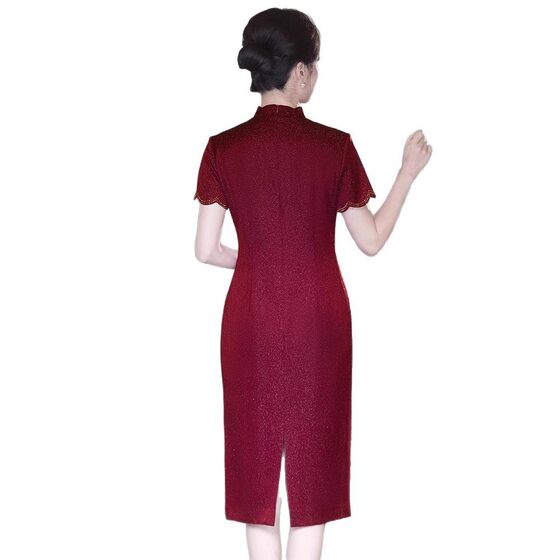wine red Chinese Modified Acetic Acid Cheongsam Spring and Summer New Mother Wedding Banquet Cheongsam Dress Mid-length Elegant