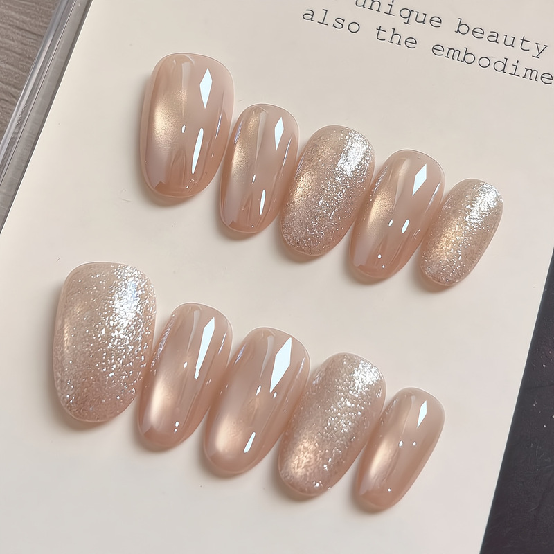 【Ling Luo Original】New Jennie-style fine glitter glass bead cat-eye nail art for a sophisticated and brightening look, handmade nail art wholesale