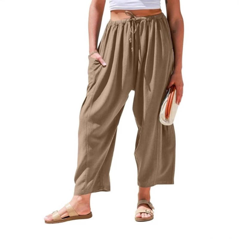 Cross-border Amazon Women's Linen Summer Wide Leg Elegant Wide Leg Beach Pants elasticated waistband pocket casual pants