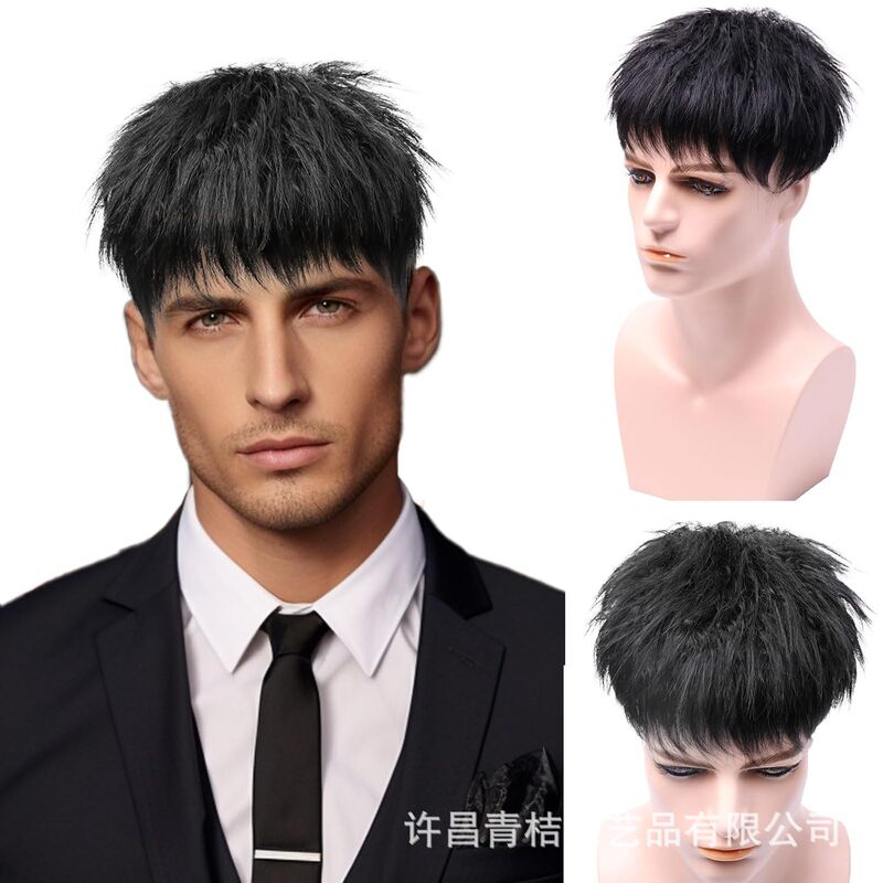 Human Hair Toupee Men's Real Hair Replacement Piece Wig Fluffy Morgan Perm Wig Wholesale for Foreign Trade