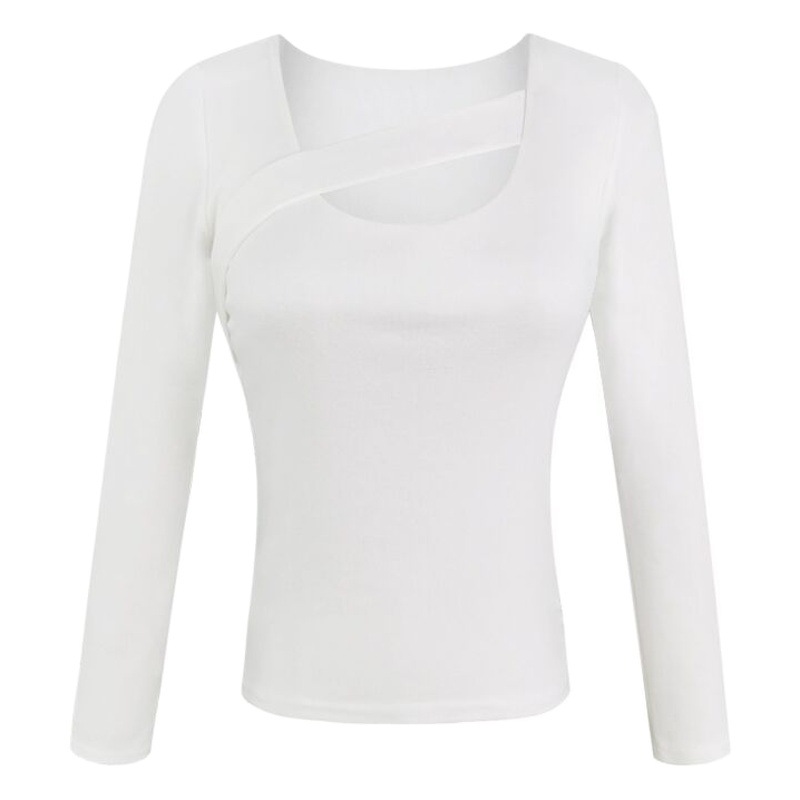 Camiseta de Manga Larga para Mujer, Diseño Otoño 2025, Estilo Moderno, Calada, Color Sólido, Versátil, Corte Ajustado